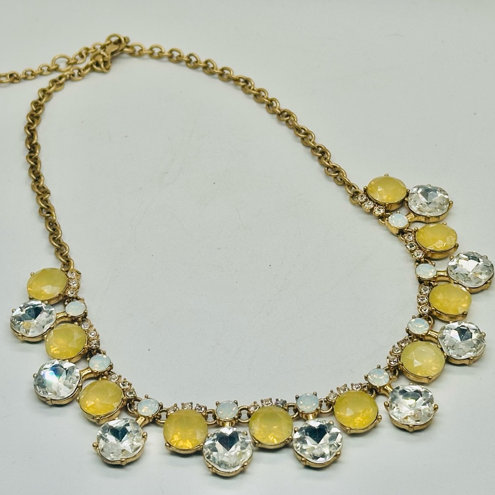 J Crew Clear Citrine Colored Rhinestone Necklace Gold Tone Faceted Opalescent